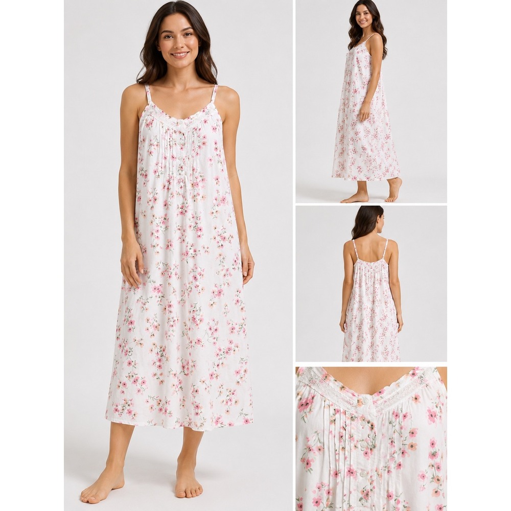 Alexander Del Rossa Womens L Floral Nightgown Pink White Cotton Lace Trim  Maxi
